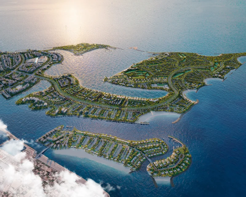 Aerial masterplan view of Dubai Islands, showing Island E