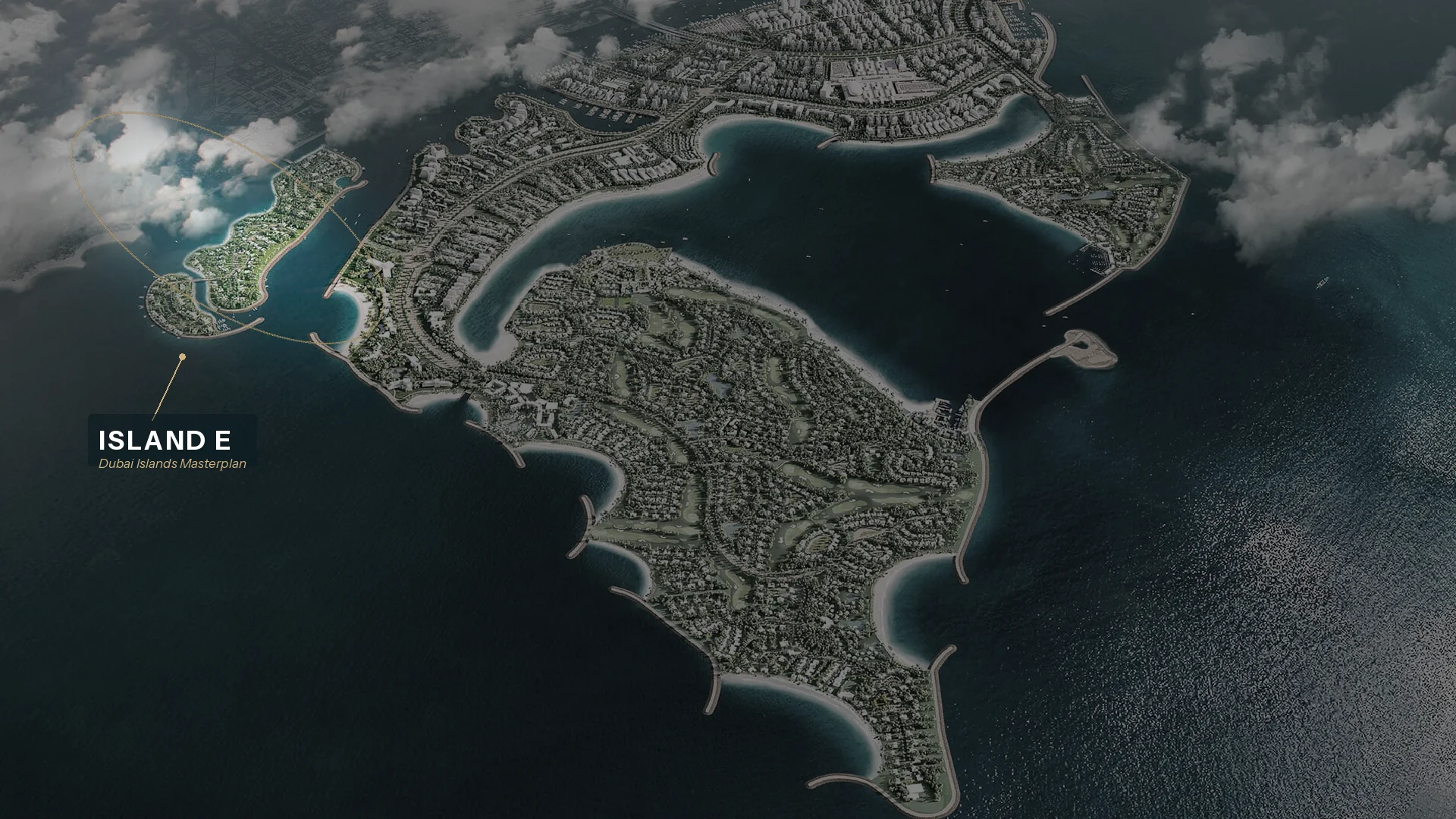 Aerial masterplan view of Dubai Islands, showing Island E